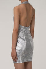 Metallic Halter Crew Neck Sleeveless Bodycon Vegan Leather Mini Party Dress