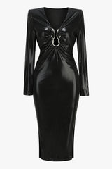 Metallic Snake Plunge Shoulder Pad Faux Leather Split Cocktail Midi Dress