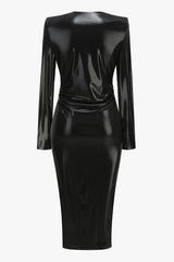 Metallic Snake Plunge Shoulder Pad Faux Leather Split Cocktail Midi Dress