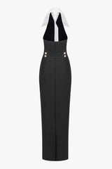 Minimalist Contrast Collared Button Trim Sleeveless Halter Formal Maxi Dress