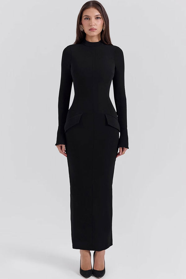 Minimalist High Neck Flap Trim Long Sleeve Split Bodycon Evening Maxi Dress