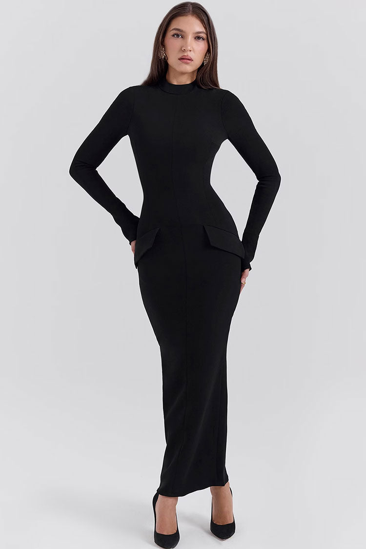 Minimalist High Neck Flap Trim Long Sleeve Split Bodycon Evening Maxi Dress