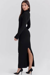 Minimalist High Neck Flap Trim Long Sleeve Split Bodycon Evening Maxi Dress