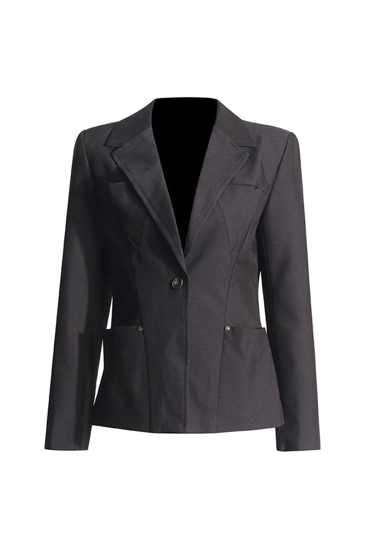 Minimalist Lapel Collar Padded Long Sleeve One Button Cinch Waist Blazer