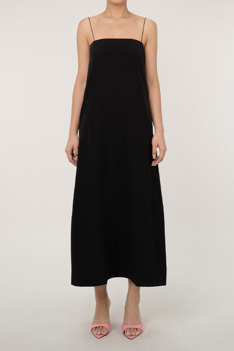 Minimalist Square Neck Spaghetti Strap A Line Crepe Cami Maxi Sundress