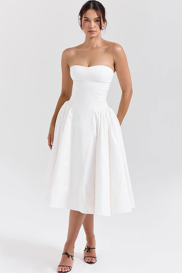 Minimalist Strapless Ruched Bustier Drop Waist Fit and Flare Cocktail Midi Dress