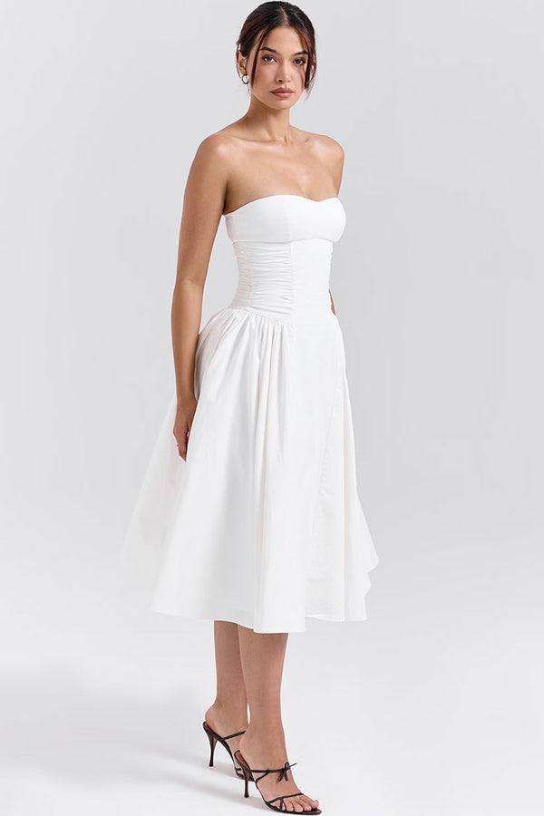 Minimalist Strapless Ruched Bustier Drop Waist Fit and Flare Cocktail Midi Dress