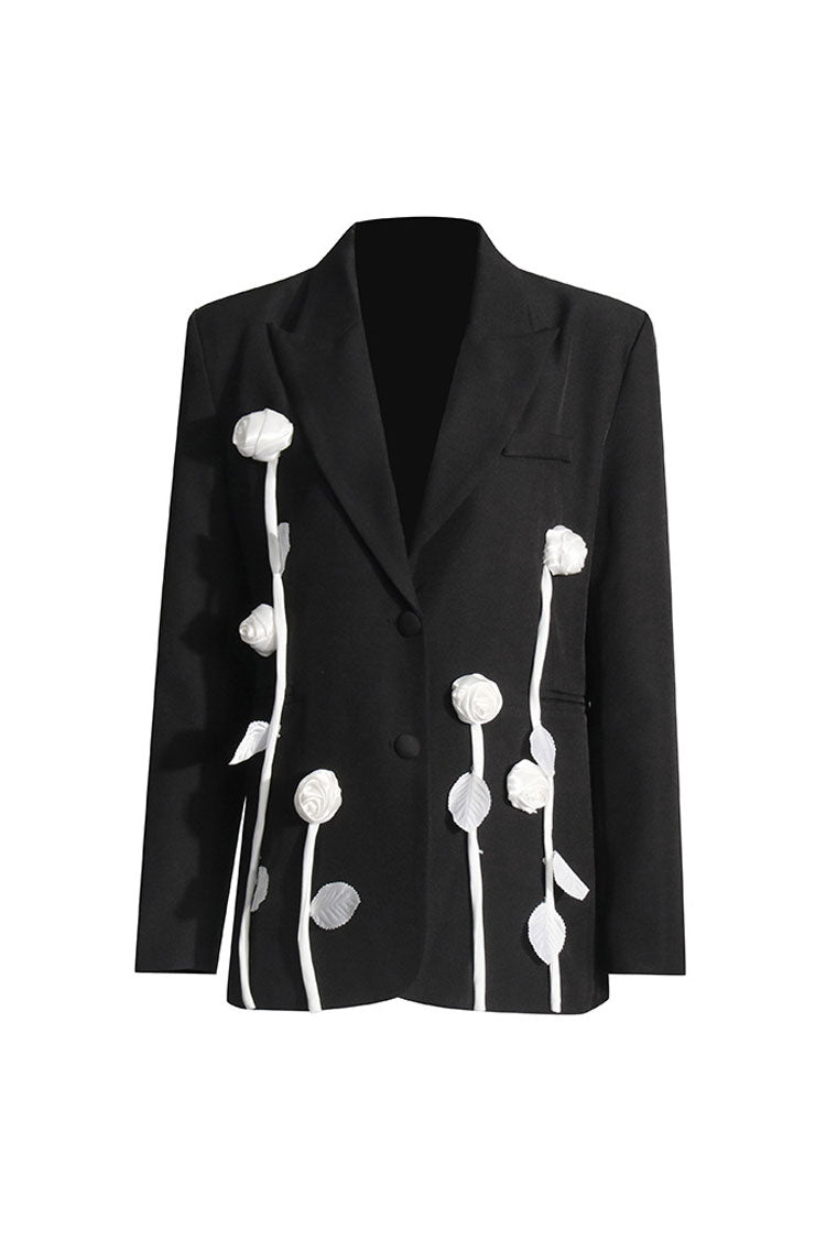 Minimalist White Rosette Lapel Collar Long Sleeve Single Breasted Boxy Blazer