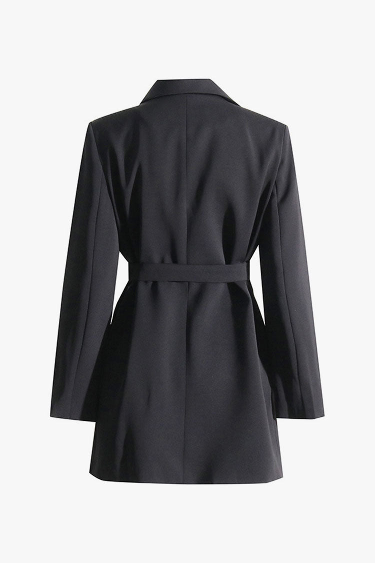 Moderate Lapel Strong Shoulder Long Sleeve Buttoned Belt Blazer Mini Dress