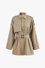 Modern Collared Drop Shoulder Cinched Waist Belted Short Trench Coat