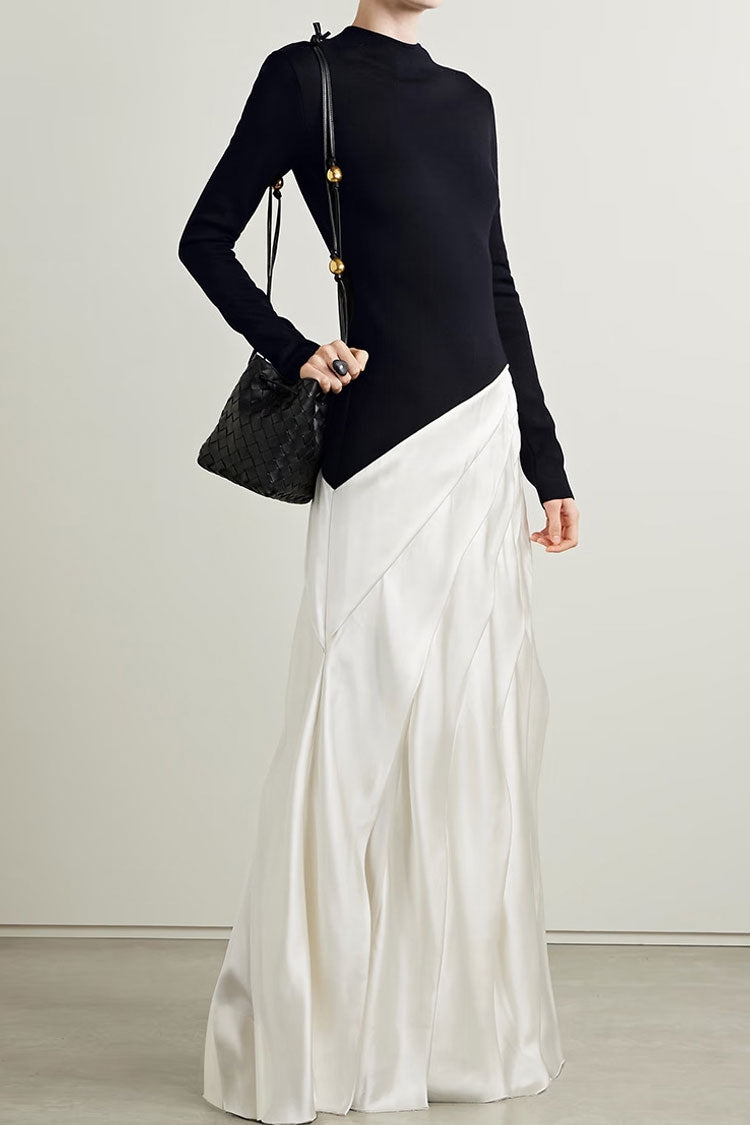 Monochromatic Crew neck Long Sleeve Satin Panel Pleated Evening Maxi Dress