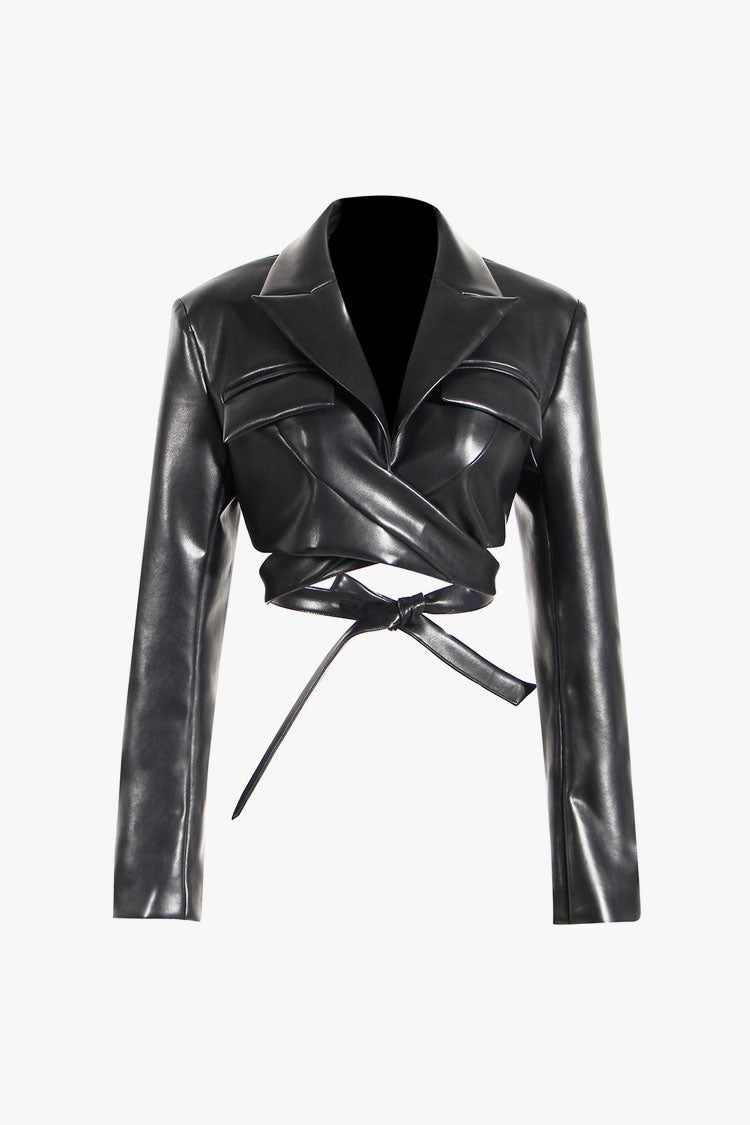 Moto Lapel Strong Shoulder Long Sleeve Wrap Faux Leather Biker Jacket