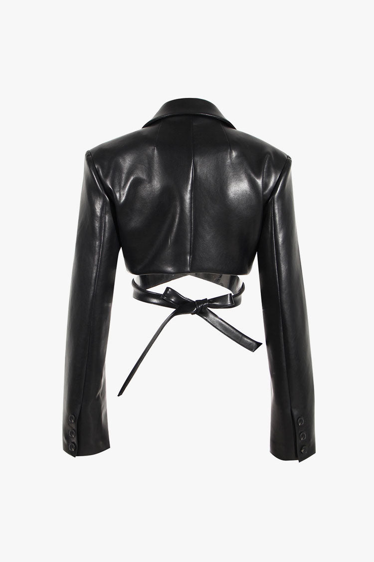 Moto Lapel Strong Shoulder Long Sleeve Wrap Faux Leather Biker Jacket