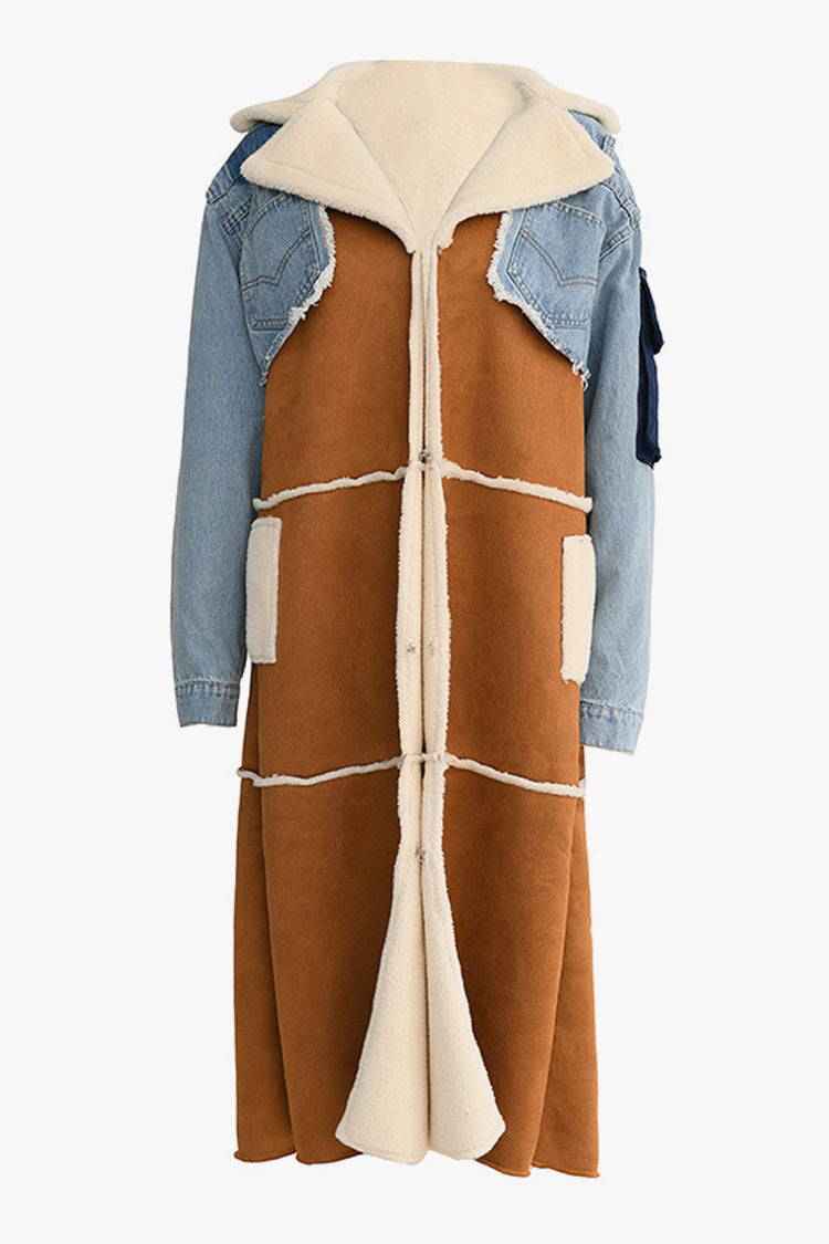 Offbeat Denim Spliced Notch Lapel Belted Faux Shearling Suede Overcoat