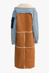 Offbeat Denim Spliced Notch Lapel Belted Faux Shearling Suede Overcoat