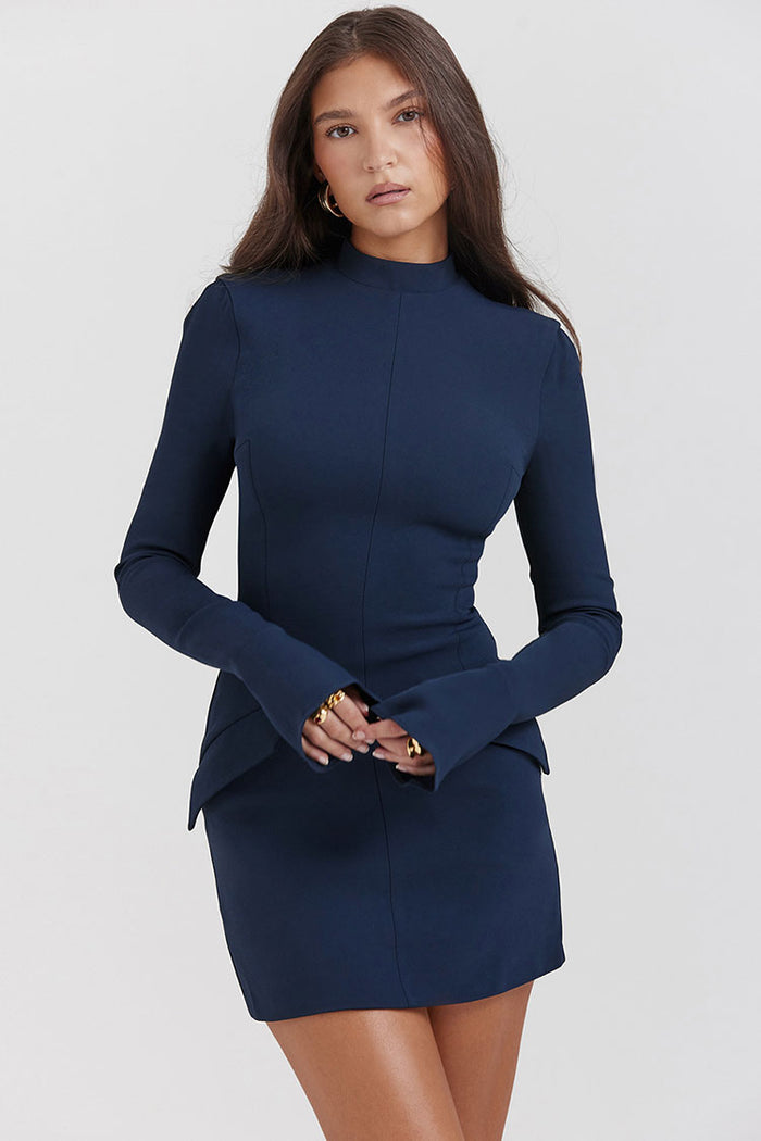 OL Mock Neck Bell Sleeve Flap Pocket Bodycon Party Mini Dress Navy Blue