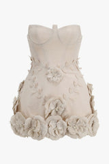 Opulent Balconette Bustier Strapless Linen Blend Rosette Micro Mini Party Dress