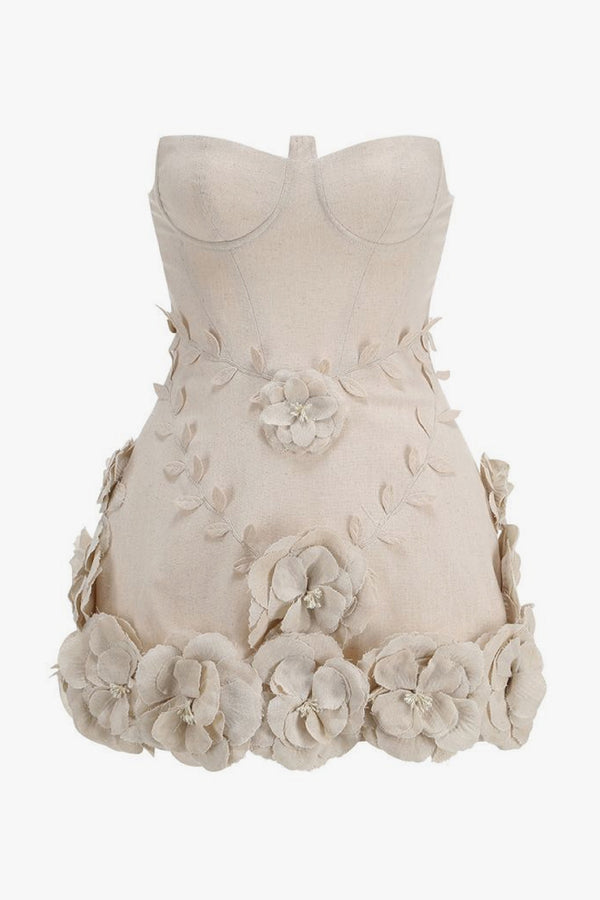 Opulent Balconette Bustier Strapless Linen Blend Rosette Micro Mini Party Dress