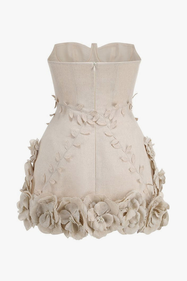 Opulent Balconette Bustier Strapless Linen Blend Rosette Micro Mini Party Dress