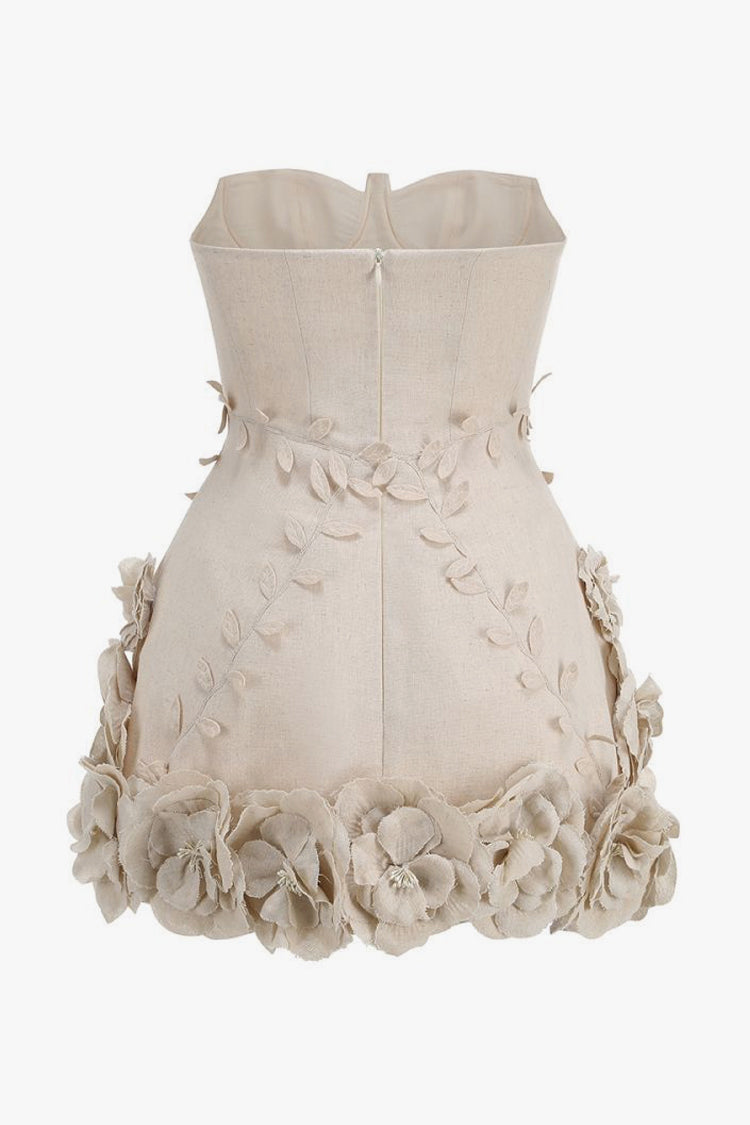 Opulent Balconette Bustier Strapless Linen Blend Rosette Micro Mini Party Dress