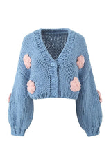 Oversized 3D Flower V Neck Button Up Chunky Yarn Croceht Knit Crop Cardigan