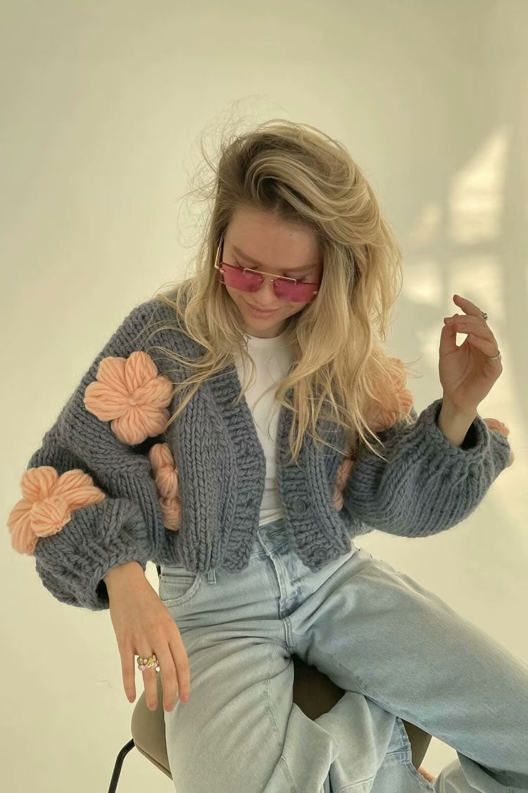 Oversized 3D Flower V Neck Button Up Chunky Yarn Croceht Knit Crop Cardigan