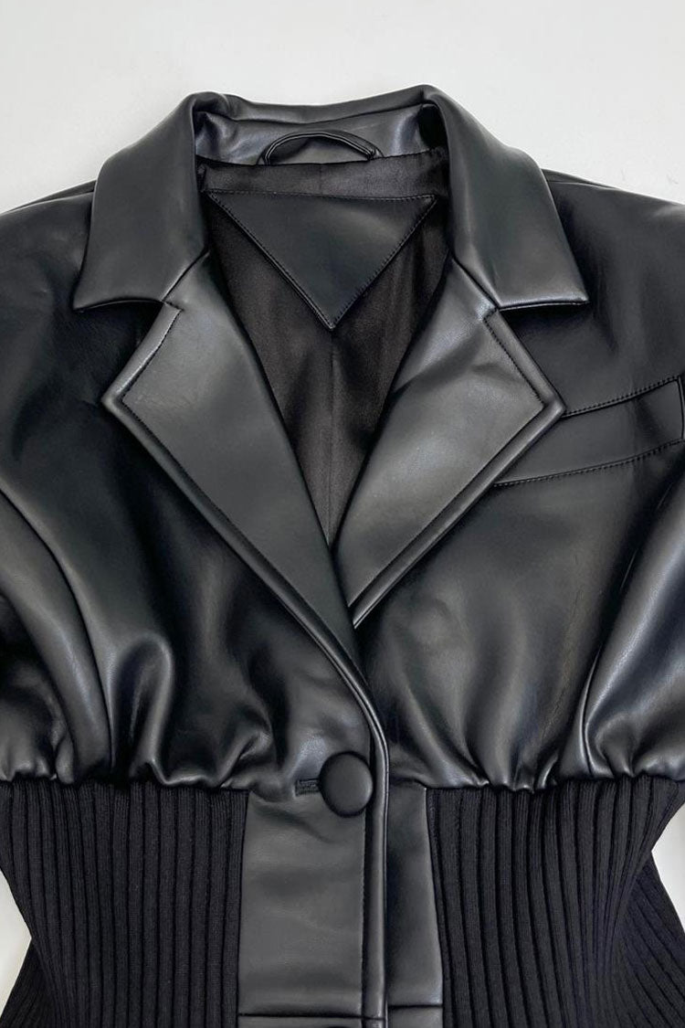 Powerful Notch Lapel Ribbed Knit Paneled Peplum Faux Leather Jacket