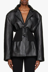 Powerful Notch Lapel Ribbed Knit Paneled Peplum Faux Leather Jacket