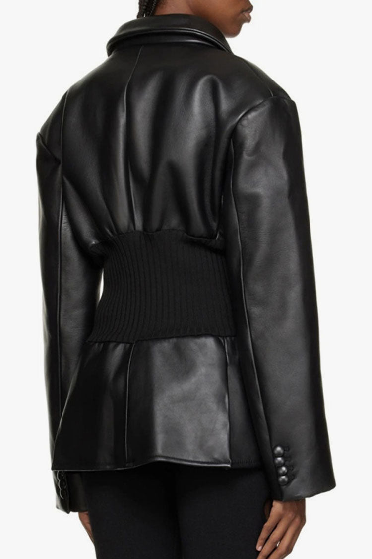 Powerful Notch Lapel Ribbed Knit Paneled Peplum Faux Leather Jacket