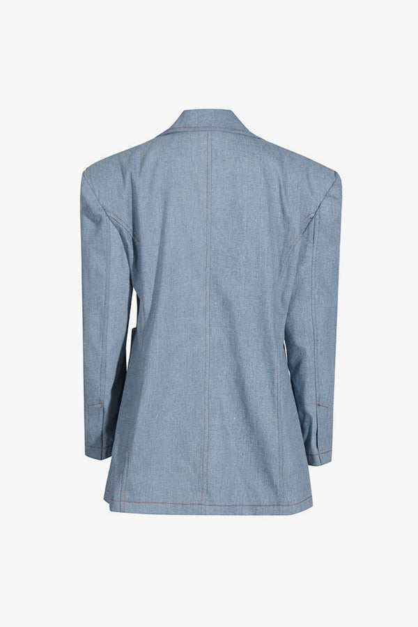 Powerful Strong Shoulder Long Sleeve Two Button Oversized Denim Blazer