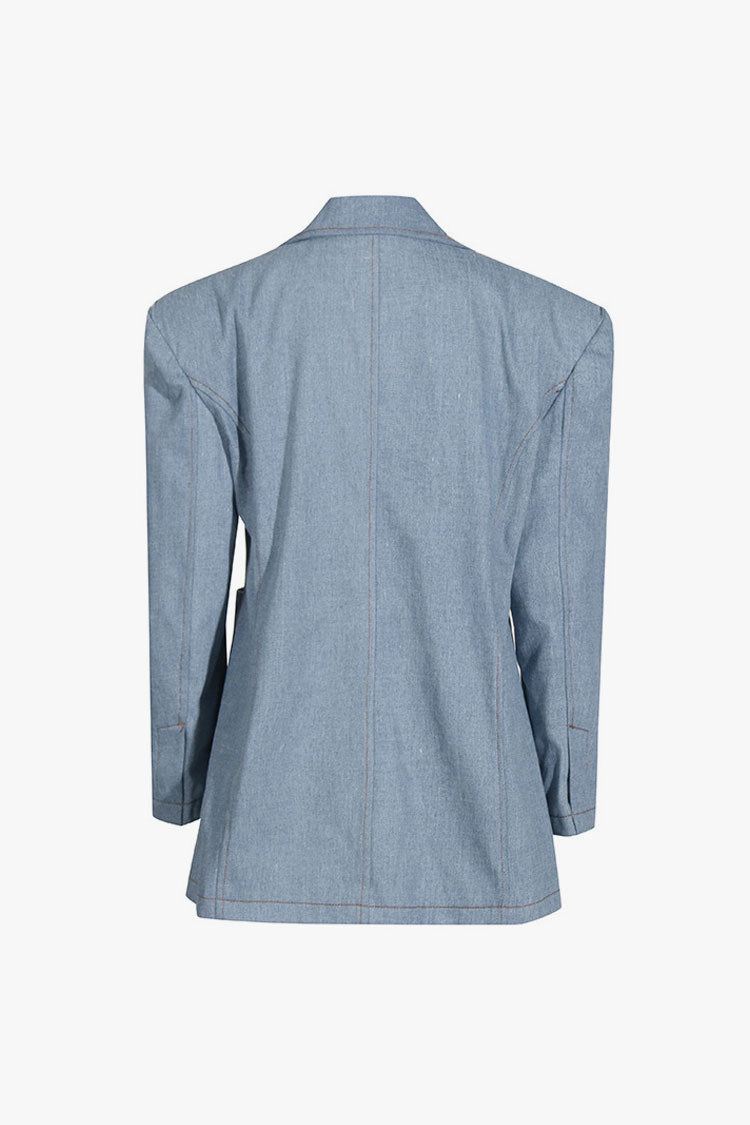 Powerful Strong Shoulder Long Sleeve Two Button Oversized Denim Blazer