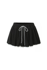 Preppy Bow Detail High Waist Scalloped Lace Ribbed Pleated Mini Skirt