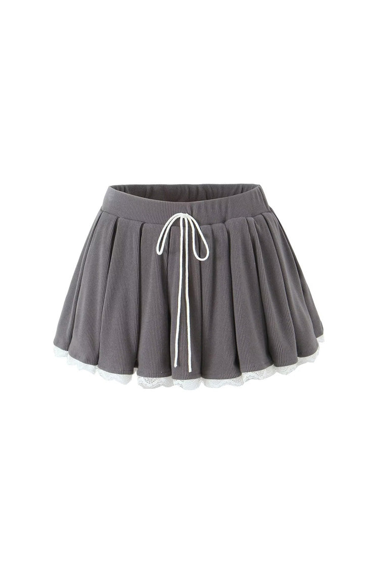 Preppy Bow Detail High Waist Scalloped Lace Ribbed Pleated Mini Skirt