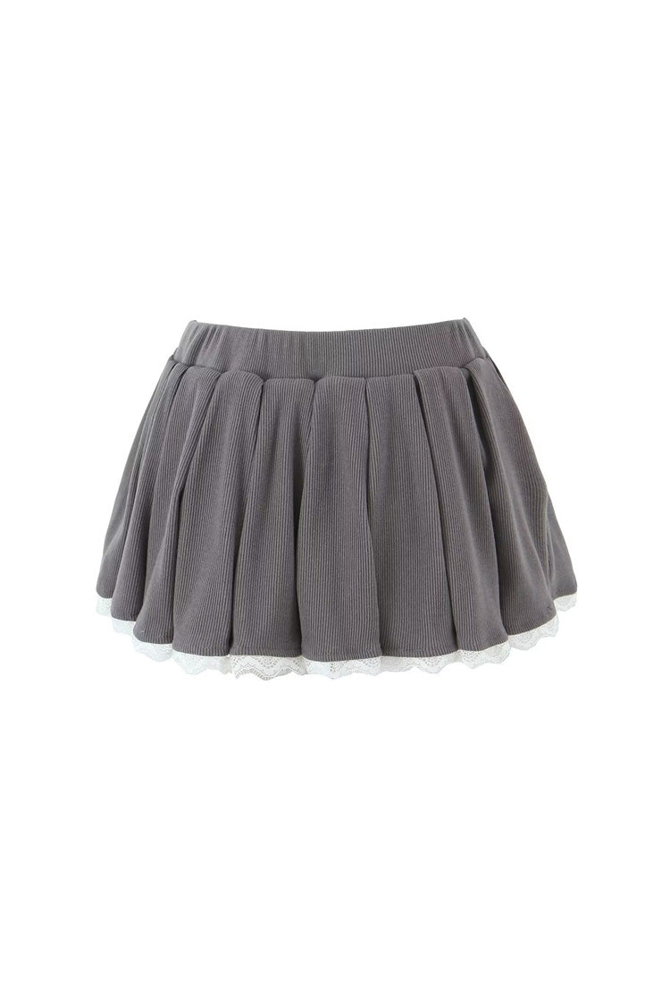 Preppy Bow Detail High Waist Scalloped Lace Ribbed Pleated Mini Skirt