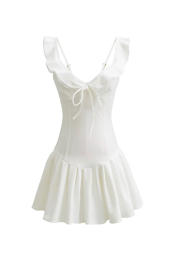 Preppy Bow Tie Ruffle Sleeveless Smocked Drop Waist Pleated Party Mini Dress