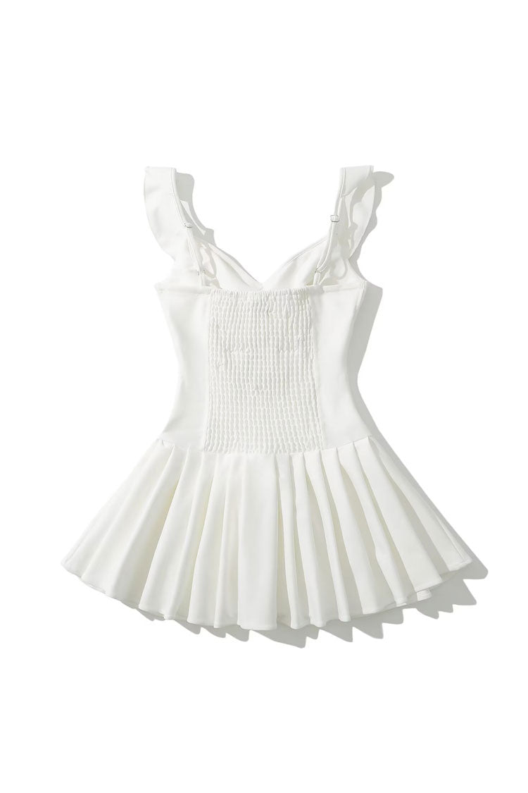 Preppy Bow Tie Ruffle Sleeveless Smocked Drop Waist Pleated Party Mini Dress