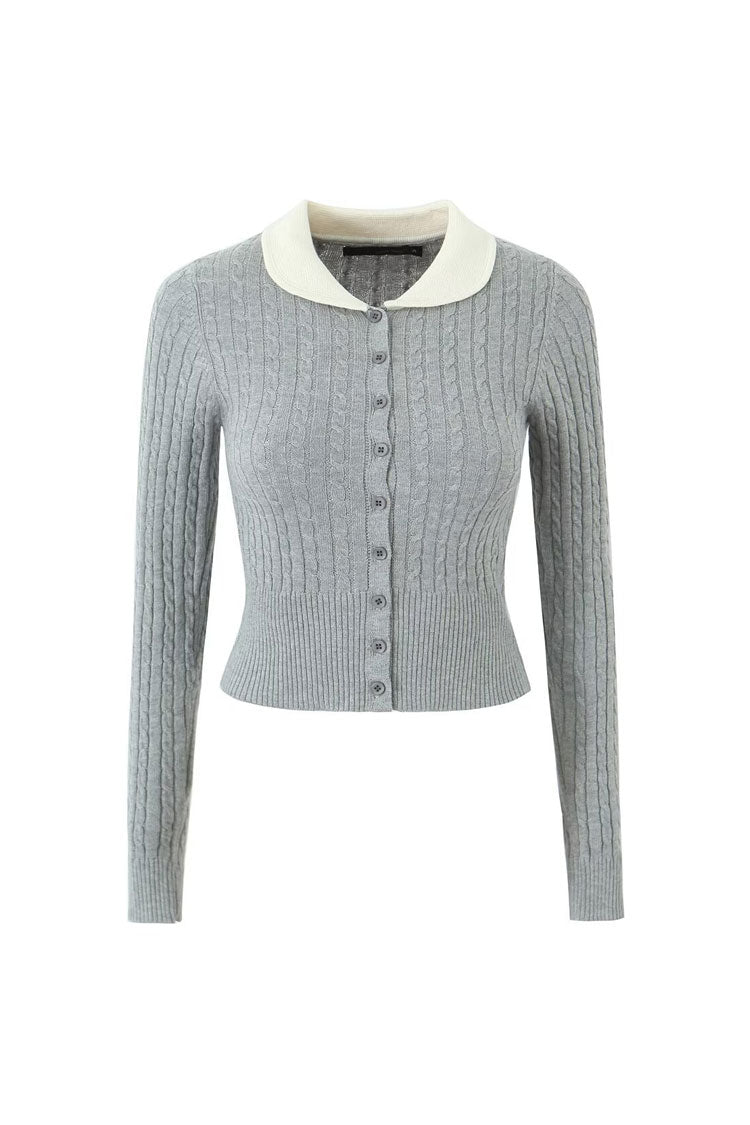 Preppy Contrast Peter Pan Collar Cable Knit Button Up Cropped Cardigan