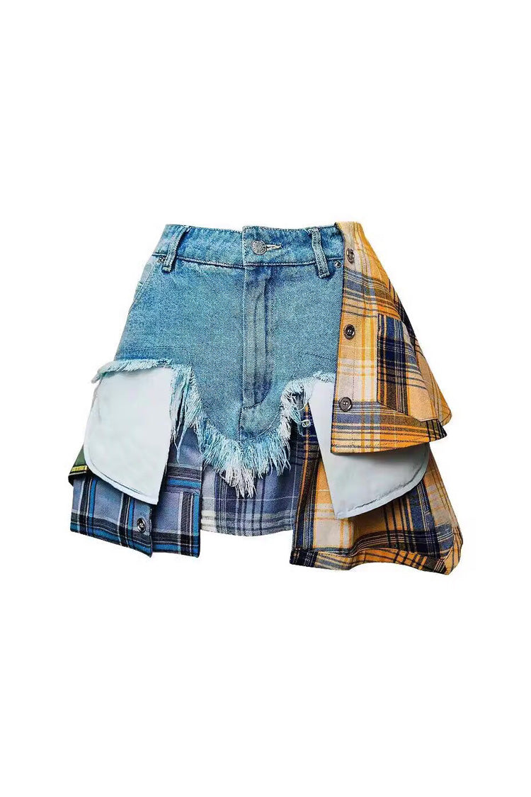 Preppy Plaid Patchwork Layered Panel High Rise Frayed Mini Denim Skirt