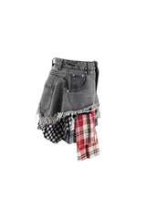 Preppy Plaid Patchwork Layered Panel High Rise Frayed Mini Denim Skirt