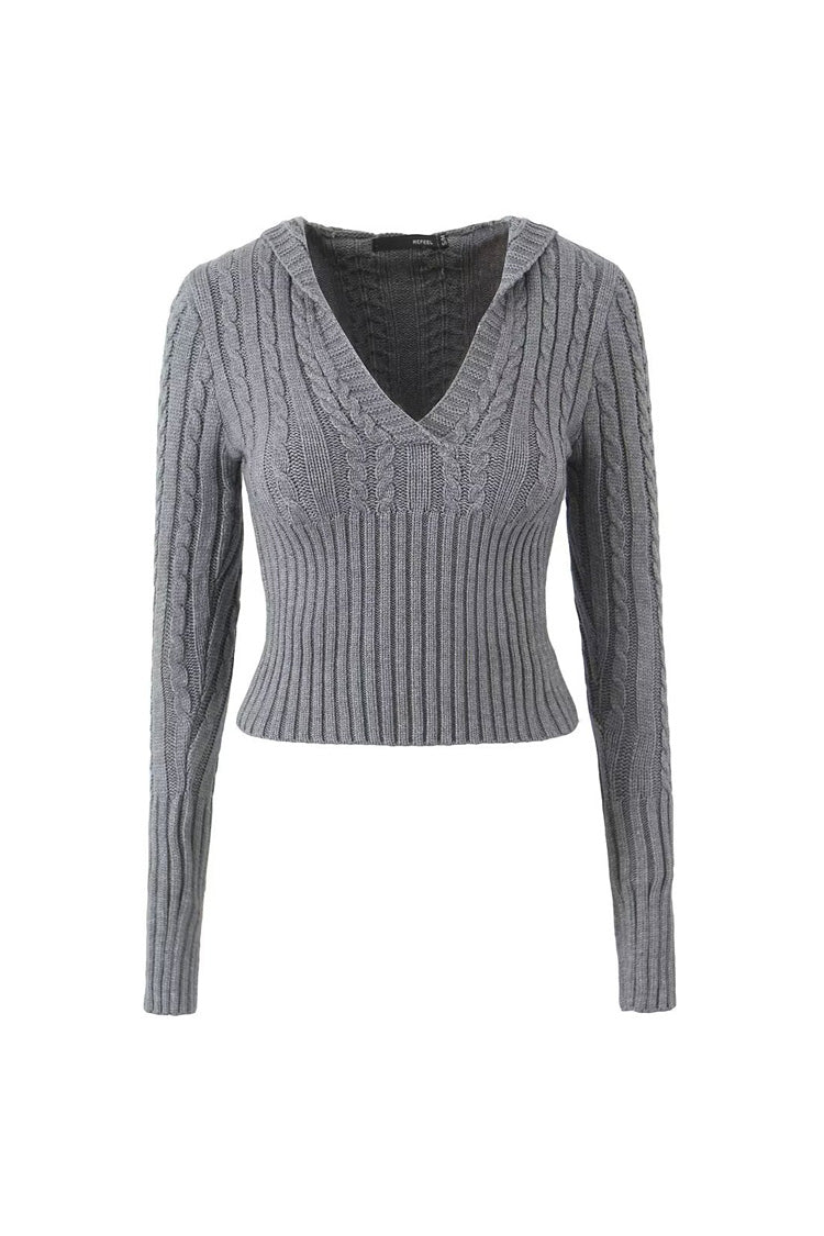 Preppy Style Hooded V Neck Long Sleeve Cable Ribbed Knit Crop Sweater