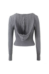 Preppy Style Hooded V Neck Long Sleeve Cable Ribbed Knit Crop Sweater