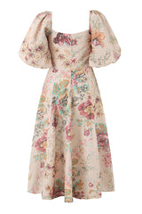 Princess Bow Tie Neck Puff Sleeve Flared Summer Floral Print Midi Dress