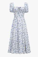 Puff Sleeve Ditsy Floral Tie Front High Slit Midi Dress - Blue