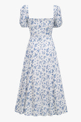 Puff Sleeve Ditsy Floral Tie Front High Slit Midi Dress - Blue