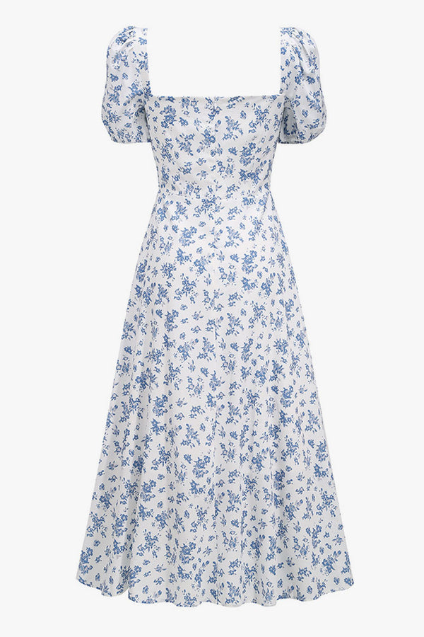 Puff Sleeve Ditsy Floral Tie Front High Slit Midi Dress - Blue