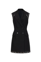 Punk Lapel Sleeveless Metallic Grommet Double Breasted Blazer Mini Dress