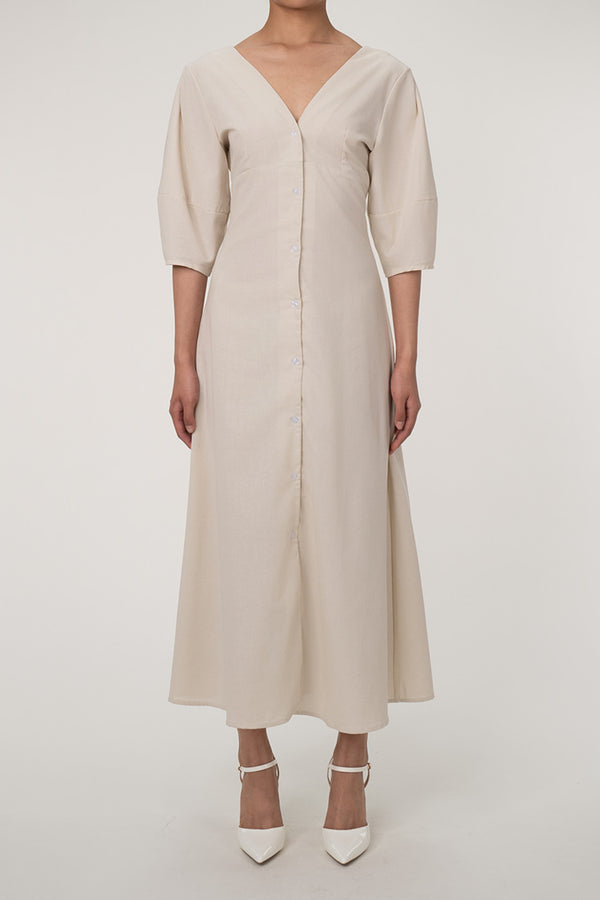 Ralaxed V Neck Button Up Puff Sleeve Linen Blend Midi Dress - Off White