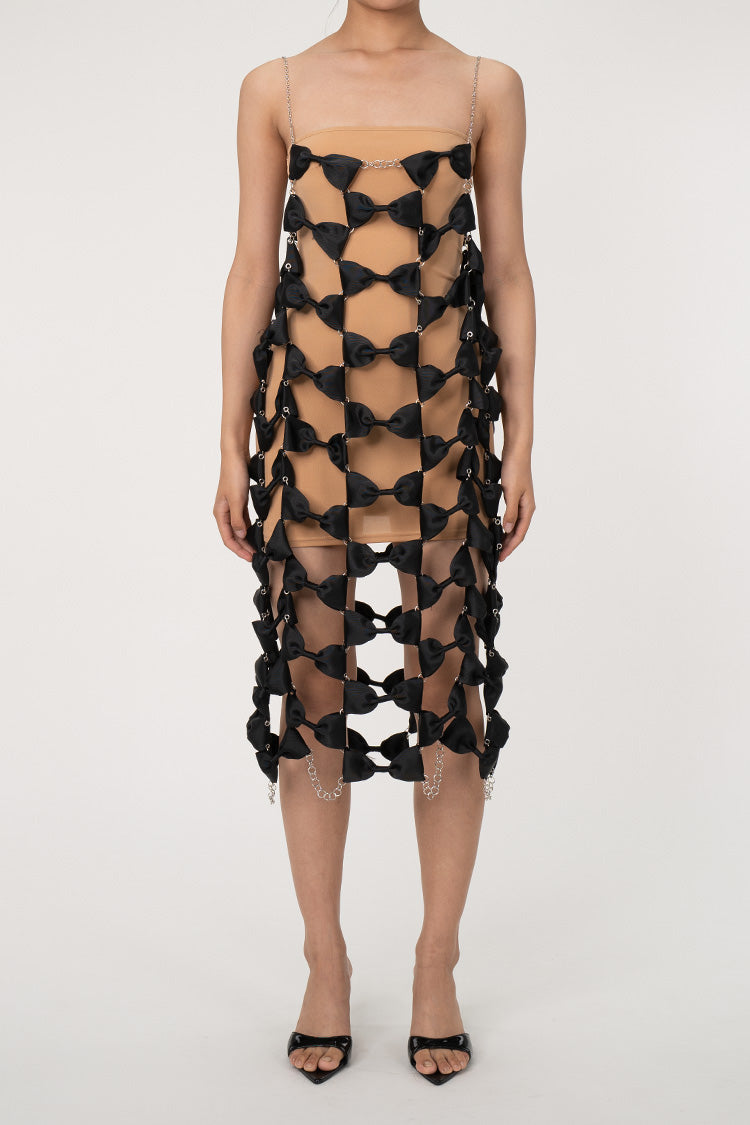 Rebellious Bow Embellished Chain Link Chainmail Sheer Slip Midi Dress