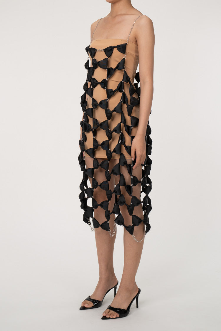 Rebellious Bow Embellished Chain Link Chainmail Sheer Slip Midi Dress