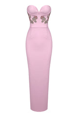 Refined Floral Rhinestone Beaded Sweetheart Strapless Evening Maxi Dress